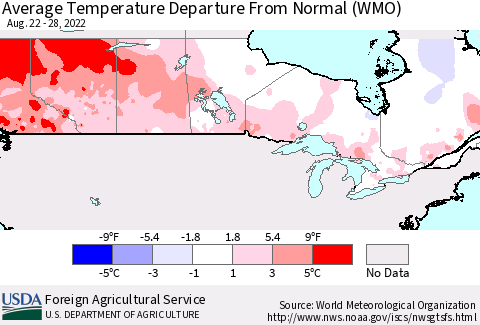 Canada Average Temperature Departure from Normal (WMO) Thematic Map For 8/22/2022 - 8/28/2022