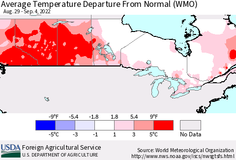Canada Average Temperature Departure from Normal (WMO) Thematic Map For 8/29/2022 - 9/4/2022