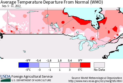 Canada Average Temperature Departure from Normal (WMO) Thematic Map For 9/5/2022 - 9/11/2022