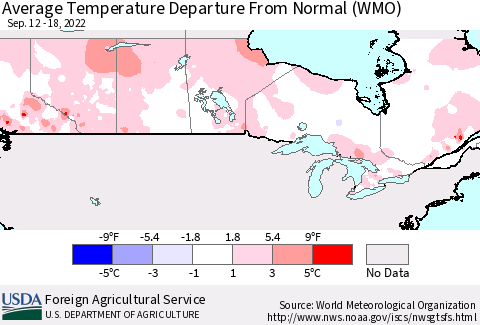 Canada Average Temperature Departure from Normal (WMO) Thematic Map For 9/12/2022 - 9/18/2022