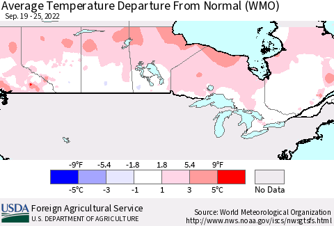 Canada Average Temperature Departure from Normal (WMO) Thematic Map For 9/19/2022 - 9/25/2022