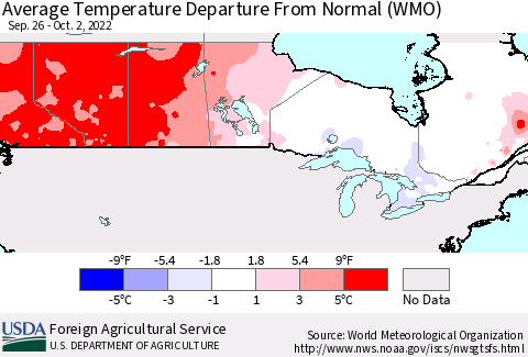 Canada Average Temperature Departure from Normal (WMO) Thematic Map For 9/26/2022 - 10/2/2022