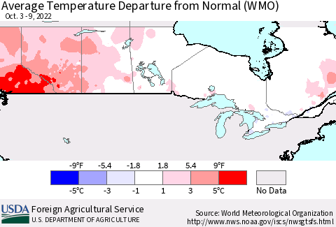 Canada Average Temperature Departure from Normal (WMO) Thematic Map For 10/3/2022 - 10/9/2022