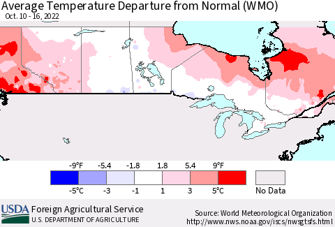 Canada Average Temperature Departure from Normal (WMO) Thematic Map For 10/10/2022 - 10/16/2022