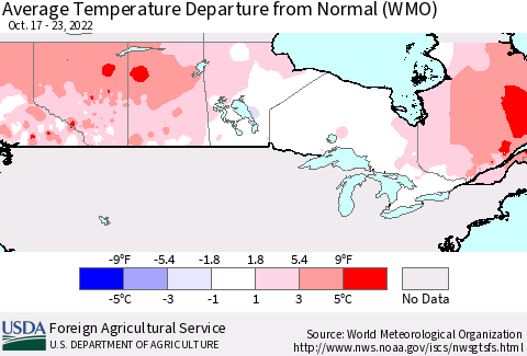 Canada Average Temperature Departure from Normal (WMO) Thematic Map For 10/17/2022 - 10/23/2022