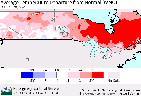 Canada Average Temperature Departure from Normal (WMO) Thematic Map For 10/24/2022 - 10/30/2022