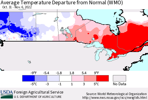Canada Average Temperature Departure from Normal (WMO) Thematic Map For 10/31/2022 - 11/6/2022