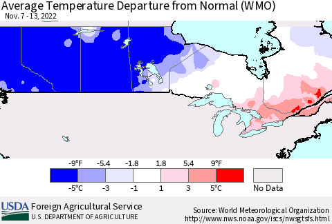 Canada Average Temperature Departure from Normal (WMO) Thematic Map For 11/7/2022 - 11/13/2022