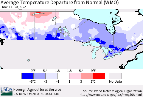 Canada Average Temperature Departure from Normal (WMO) Thematic Map For 11/14/2022 - 11/20/2022