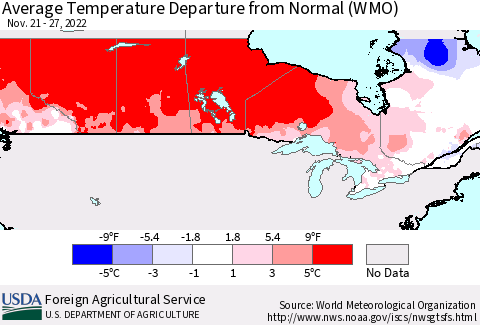 Canada Average Temperature Departure from Normal (WMO) Thematic Map For 11/21/2022 - 11/27/2022