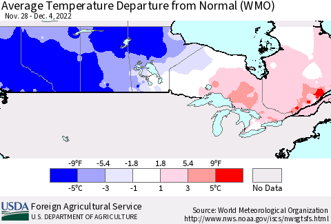 Canada Average Temperature Departure from Normal (WMO) Thematic Map For 11/28/2022 - 12/4/2022