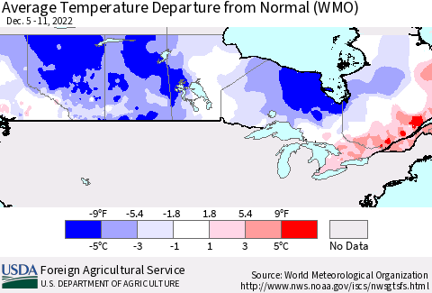 Canada Average Temperature Departure from Normal (WMO) Thematic Map For 12/5/2022 - 12/11/2022