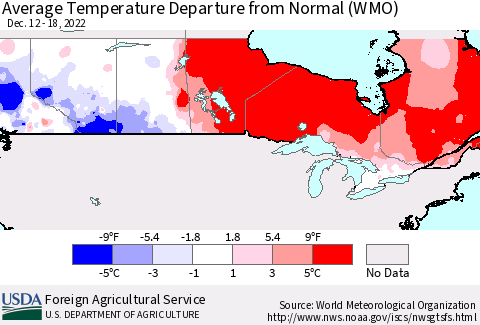 Canada Average Temperature Departure from Normal (WMO) Thematic Map For 12/12/2022 - 12/18/2022