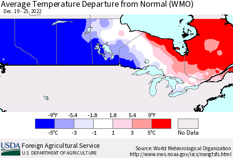 Canada Average Temperature Departure from Normal (WMO) Thematic Map For 12/19/2022 - 12/25/2022