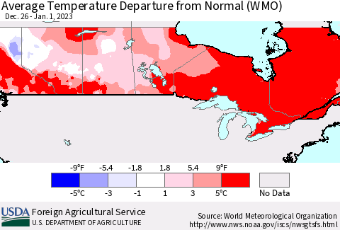 Canada Average Temperature Departure from Normal (WMO) Thematic Map For 12/26/2022 - 1/1/2023