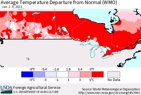 Canada Average Temperature Departure from Normal (WMO) Thematic Map For 1/2/2023 - 1/8/2023