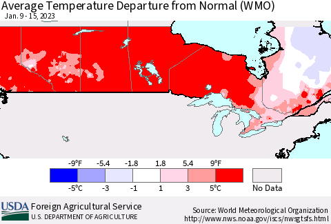 Canada Average Temperature Departure from Normal (WMO) Thematic Map For 1/9/2023 - 1/15/2023