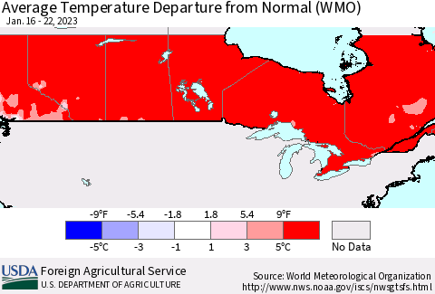 Canada Average Temperature Departure from Normal (WMO) Thematic Map For 1/16/2023 - 1/22/2023