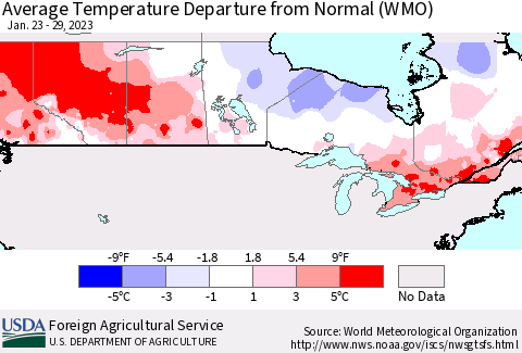 Canada Average Temperature Departure from Normal (WMO) Thematic Map For 1/23/2023 - 1/29/2023