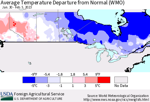 Canada Average Temperature Departure from Normal (WMO) Thematic Map For 1/30/2023 - 2/5/2023