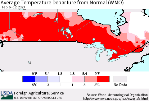 Canada Average Temperature Departure from Normal (WMO) Thematic Map For 2/6/2023 - 2/12/2023