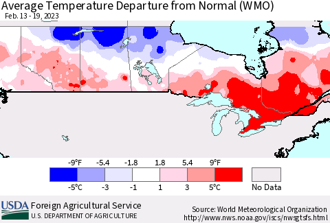 Canada Average Temperature Departure from Normal (WMO) Thematic Map For 2/13/2023 - 2/19/2023