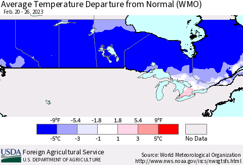 Canada Average Temperature Departure from Normal (WMO) Thematic Map For 2/20/2023 - 2/26/2023