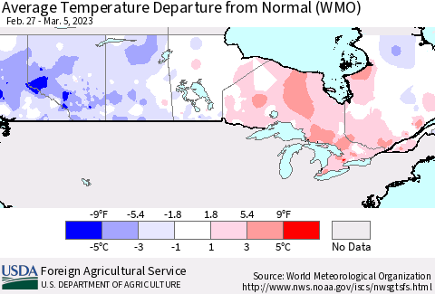 Canada Average Temperature Departure from Normal (WMO) Thematic Map For 2/27/2023 - 3/5/2023