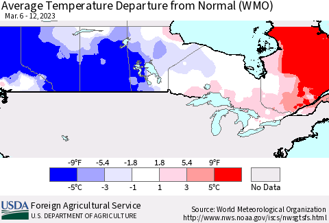 Canada Average Temperature Departure from Normal (WMO) Thematic Map For 3/6/2023 - 3/12/2023