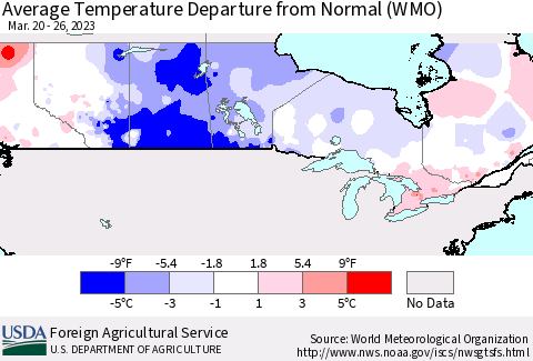 Canada Average Temperature Departure from Normal (WMO) Thematic Map For 3/20/2023 - 3/26/2023