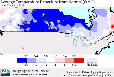 Canada Average Temperature Departure from Normal (WMO) Thematic Map For 3/27/2023 - 4/2/2023
