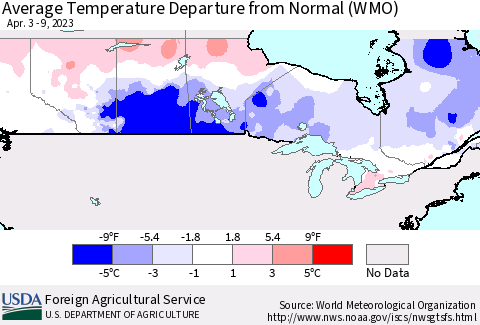 Canada Average Temperature Departure from Normal (WMO) Thematic Map For 4/3/2023 - 4/9/2023