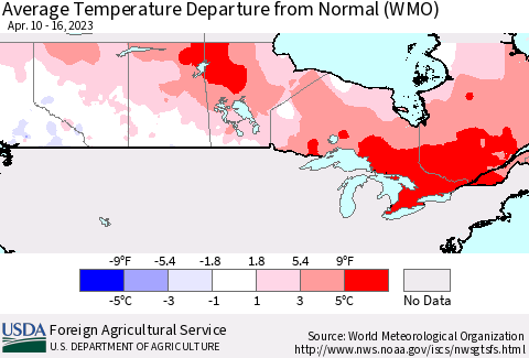 Canada Average Temperature Departure from Normal (WMO) Thematic Map For 4/10/2023 - 4/16/2023