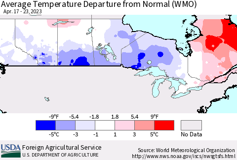 Canada Average Temperature Departure from Normal (WMO) Thematic Map For 4/17/2023 - 4/23/2023