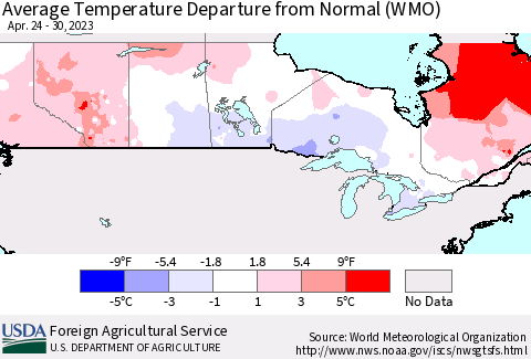 Canada Average Temperature Departure from Normal (WMO) Thematic Map For 4/24/2023 - 4/30/2023