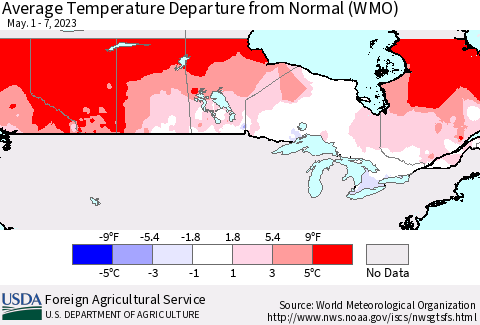 Canada Average Temperature Departure from Normal (WMO) Thematic Map For 5/1/2023 - 5/7/2023