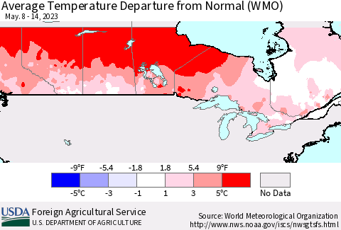 Canada Average Temperature Departure from Normal (WMO) Thematic Map For 5/8/2023 - 5/14/2023
