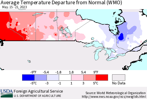 Canada Average Temperature Departure from Normal (WMO) Thematic Map For 5/15/2023 - 5/21/2023