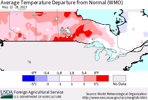 Canada Average Temperature Departure from Normal (WMO) Thematic Map For 5/22/2023 - 5/28/2023