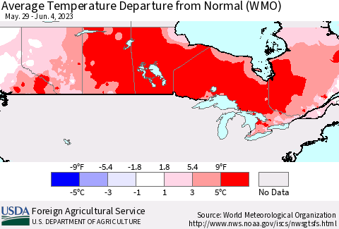 Canada Average Temperature Departure from Normal (WMO) Thematic Map For 5/29/2023 - 6/4/2023