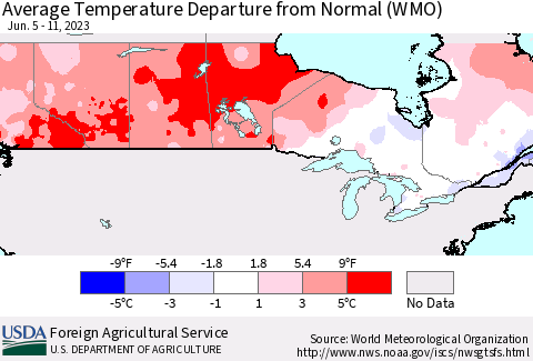 Canada Average Temperature Departure from Normal (WMO) Thematic Map For 6/5/2023 - 6/11/2023