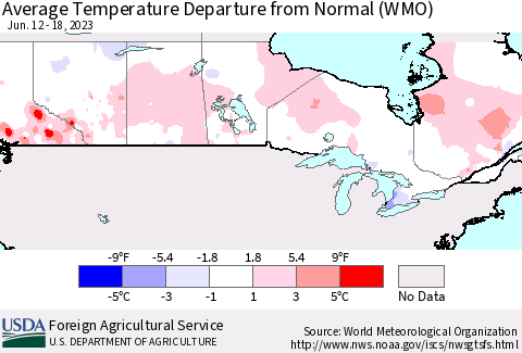 Canada Average Temperature Departure from Normal (WMO) Thematic Map For 6/12/2023 - 6/18/2023