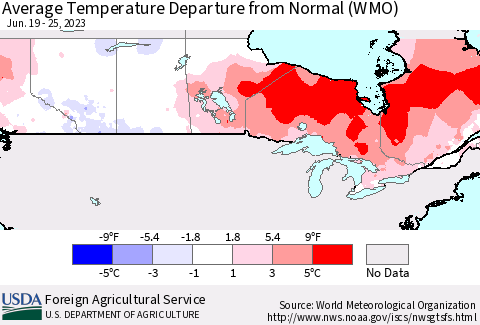 Canada Average Temperature Departure from Normal (WMO) Thematic Map For 6/19/2023 - 6/25/2023