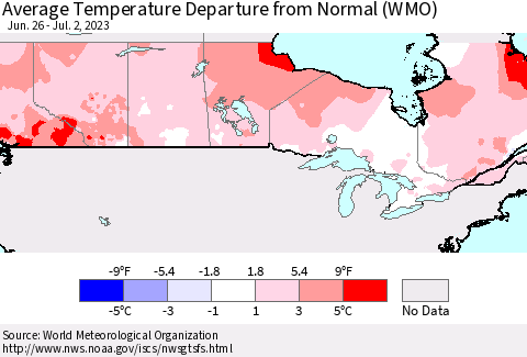 Canada Average Temperature Departure from Normal (WMO) Thematic Map For 6/26/2023 - 7/2/2023