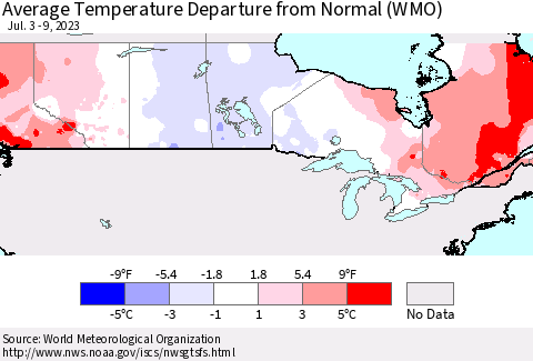 Canada Average Temperature Departure from Normal (WMO) Thematic Map For 7/3/2023 - 7/9/2023