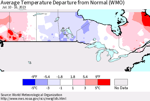 Canada Average Temperature Departure from Normal (WMO) Thematic Map For 7/10/2023 - 7/16/2023