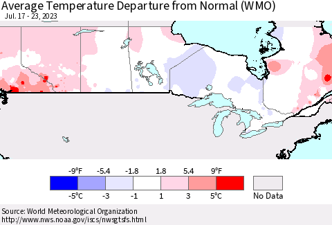 Canada Average Temperature Departure from Normal (WMO) Thematic Map For 7/17/2023 - 7/23/2023
