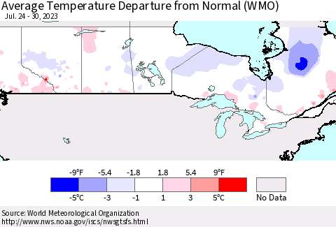 Canada Average Temperature Departure from Normal (WMO) Thematic Map For 7/24/2023 - 7/30/2023
