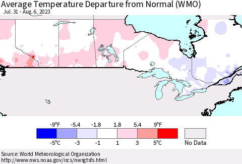 Canada Average Temperature Departure from Normal (WMO) Thematic Map For 7/31/2023 - 8/6/2023