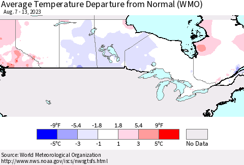 Canada Average Temperature Departure from Normal (WMO) Thematic Map For 8/7/2023 - 8/13/2023